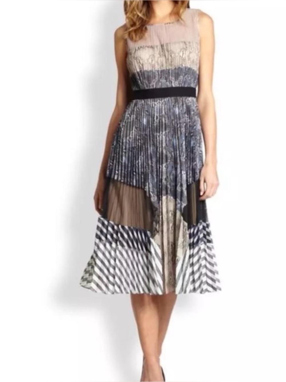 BCBG MaxAzaria Mixed-Print Pleated Midi Skirt with Mesh Insets - Blue/Black